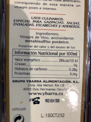 Lista de ingredientes del producto Vinagre de vino añejo Ybarra 