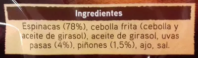 Lista de ingredientes del producto Tradicionales espinacas con pasas y piñones Findus 400 g