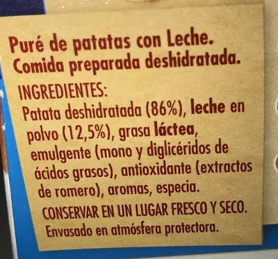 List of product ingredients Puré de patata con leche sin gluten estuche 230 g Maggi 