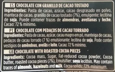 Liste des ingrédients du produit Chocolate Negro 70% con Pepitas de Cacao Valor 170 g