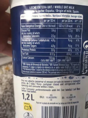 List of product ingredients Leche Entera Pascual 