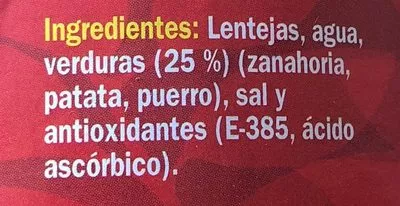List of product ingredients Lentejas con verduras La Asturiana 