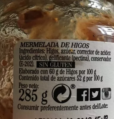 List of product ingredients Mermelada de higos La Vieja Fabrica 285 g