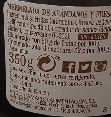 Lista de ingredientes del producto Mermelada arándanos y fresas La Vieja Fabrica 