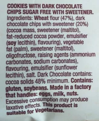 Liste des ingrédients du produit Sugar free chocolate chip cookies Siro 180 g