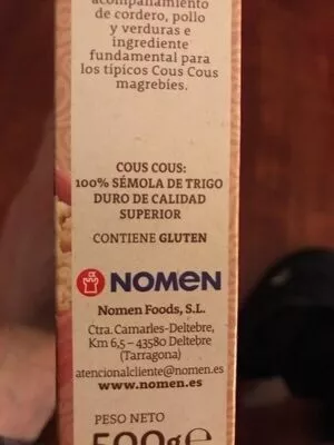 Lista de ingredientes del producto Couscous Nomen 500 g