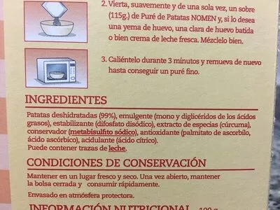 List of product ingredients Pure de patatas Nomen 