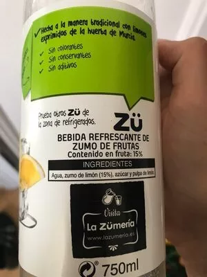 Lista de ingredientes del producto Limonada Zü Premium 