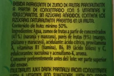 List of product ingredients Multifrutas  