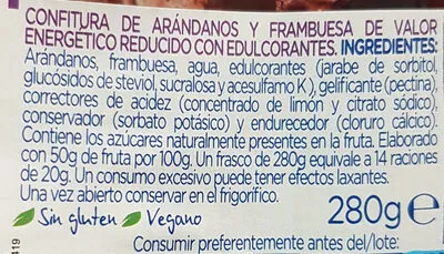 Lista de ingredientes del producto Diet Arandanos y Frambuesas Hero 280g