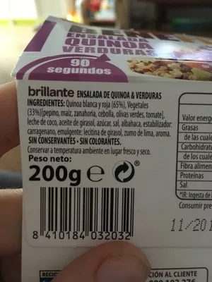 Liste des ingrédients du produit Benefit ensalada quinoa y verduras Brillante 200 g