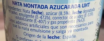 Lista de ingredientes del producto Mi Nata Montada Azucarada Central Lechera Asturiana 