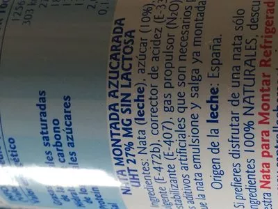 Liste des ingrédients du produit Nata montada azucarada sin lactosa spray Central Lechera Asturiana 
