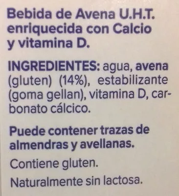 Lista de ingredientes del producto Avena original Alpro 1 l