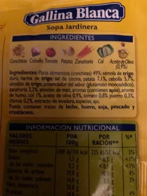 Lista de ingredientes del producto Soupe jardiniere Gallina Blanca 71 g