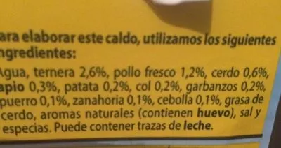 Liste des ingrédients du produit Caldo de cocido casero 100% natural envase 1 l Gallina blanca 1 l