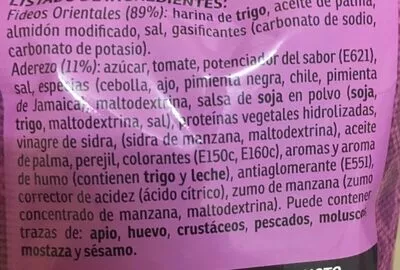 Lista de ingredientes del producto Fideus Orientals Barbacoa Yatekomo Gallina Blanca Gallina Blanca 