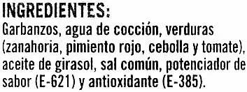 Lista de ingredientes del producto Garbanzos a la jardinera Cidacos 420 g (neto), 425 ml