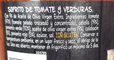 Liste des ingrédients du produit Sofrito de tomate y verduras Gallina Blanca 350 g (neto)