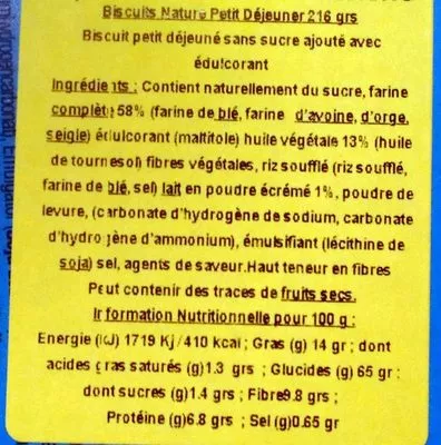 Lista de ingredientes del producto Biscuits Petit-Déjeuner Céréales Complètes Sans Sucre Ajouté Gullón 216 g (6x 36 g)