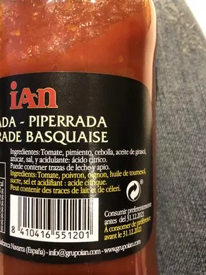 Lista de ingredientes del producto Piperade Basquaise Ian Iam 