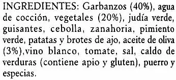 Liste des ingrédients du produit Garbanzos con vegetales Mamía 400 g (neto), 425 ml