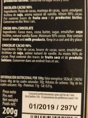 Liste des ingrédients du produit Xocolata Jolonch, Cacau 90 % Xocolata Jolonch 200 g