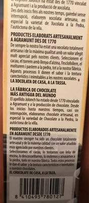 Lista de ingredientes del producto Chocolate a la piedra vicens 