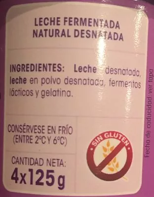Lista de ingredientes del producto Vitalinea yogur natural desnatado Danone 500 g (125g x 4)