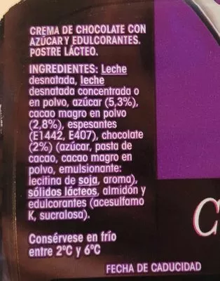 Lista de ingredientes del producto Crema de chocolate negro ,m.g. sin gluten Danone 