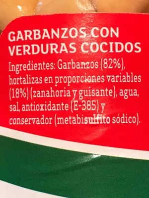 List of product ingredients Garbanzos con verduras Luengo 570 g neto, 400 g escurrido, 580 ml