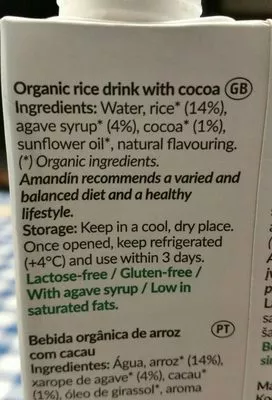 Lista de ingredientes del producto Bebida ecológica de arroz con cacao Amandín 1 l