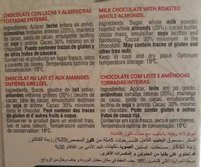 List of product ingredients Chocolat au lait et aux amandes Dulcinea 