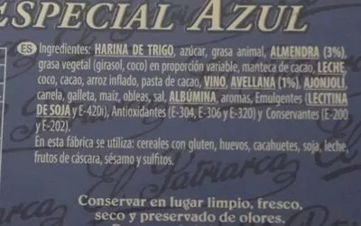 List of product ingredients Surtido especial Azul El Patriarca 