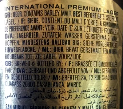 Lista de ingredientes del producto Bière blonde San Miguel 33 cl