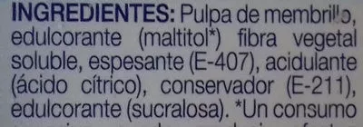 Lista de ingredientes del producto Dulce de membrillo sin azúcares añadidos tarrina El Quijote 400 g