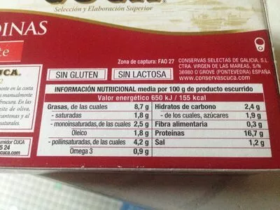 List of product ingredients Sardinas Tomate Cuca 