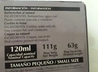 List of product ingredients Berberechos al natural Dani 111 g