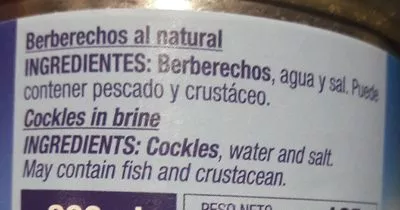 List of product ingredients Berberechos al Natural - 185 G Dani 