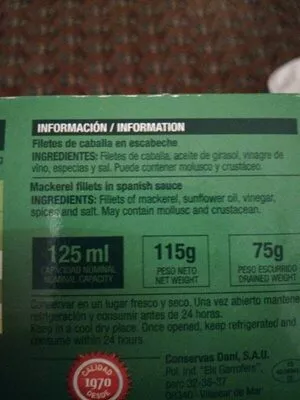 List of product ingredients Filetes de caballa en escabeche Dani 