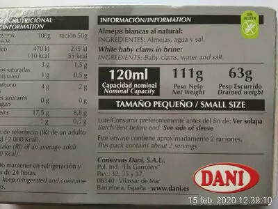 Liste des ingrédients du produit Almejas blancas al natural Dani 111g.