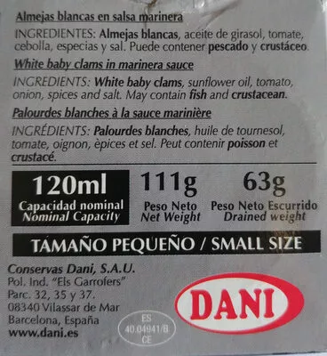 Lista de ingredientes del producto Almejas blancas en salsa marinera Dani 111 g