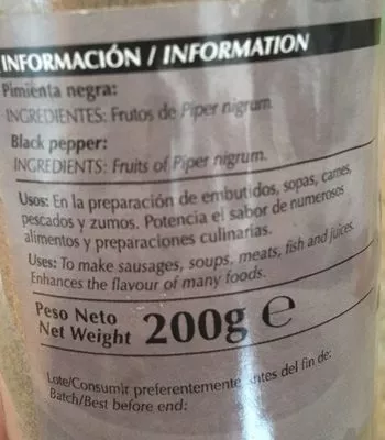 List of product ingredients Pimienta negra DANI poivre espagnol Dani 