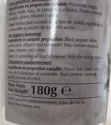 List of product ingredients Dani 5 Pimientas Molinillo Dani 180 g