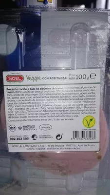 Lista de ingredientes del producto Mortadela veggie con aceitunas Noel 100 g
