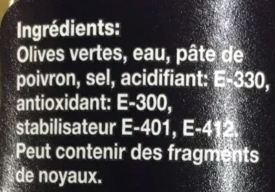 Liste des ingrédients du produit Olives farcies au poivron La Explanada 835 g (500 g égoutté)