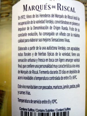 Liste des ingrédients du produit Rueda verdejo 2012 Herederos del Marqués de Riscal 75 cl