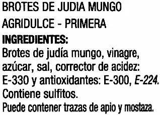 Lista de ingredientes del producto Brotes germinados Rioverde 345 g (neto), 180 g (escurrido), 370 ml