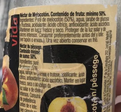 List of product ingredients Vida melocotón vida 