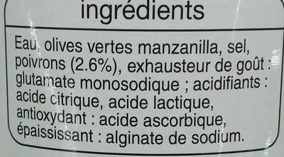 Liste des ingrédients du produit Olives vertes Manzanilla farcies aux poivrons Auchan Auchan 150 g
